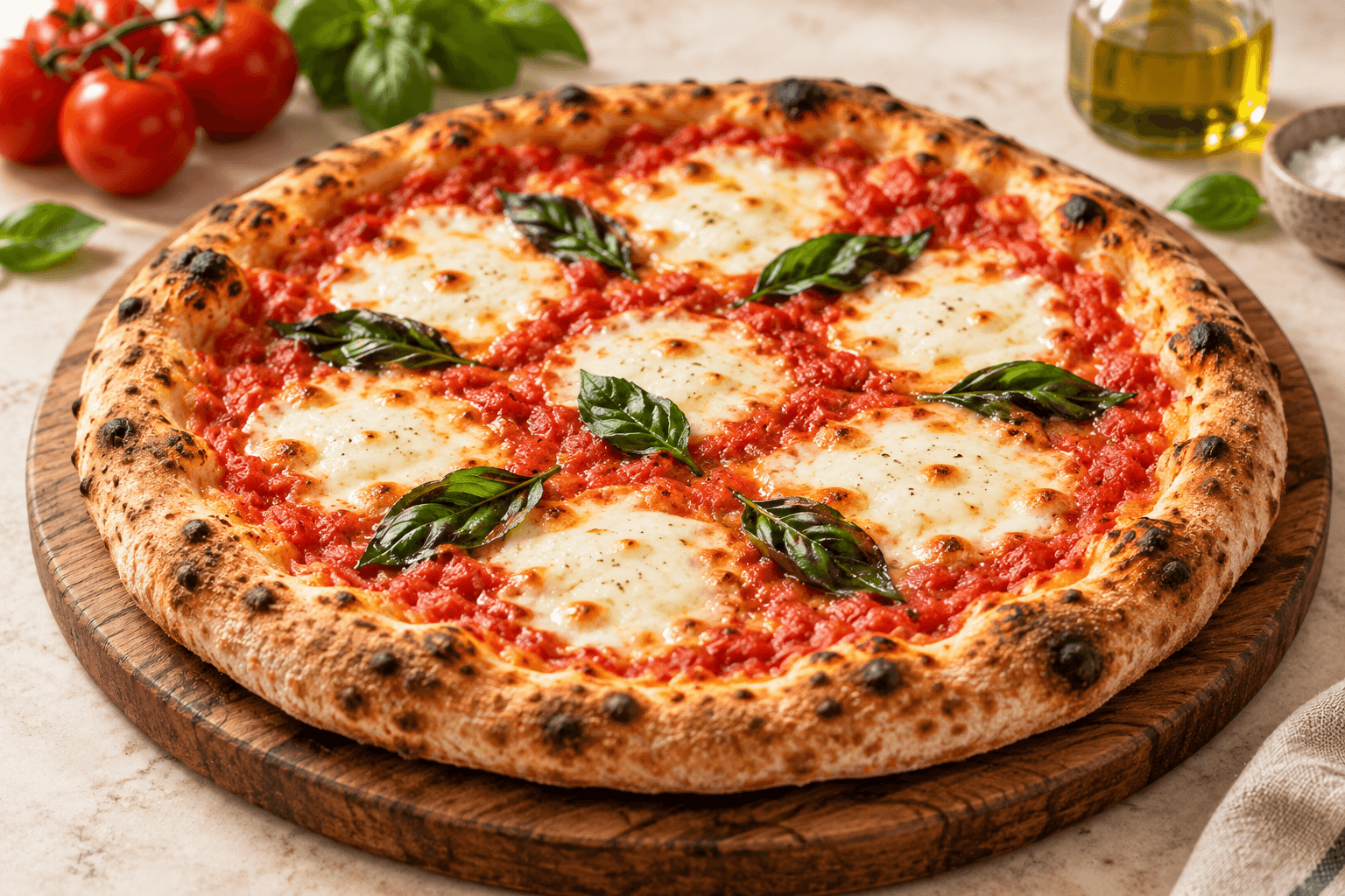 Illustrative artisan pizza with tomato sauce, melted mozzarella and fresh basil.